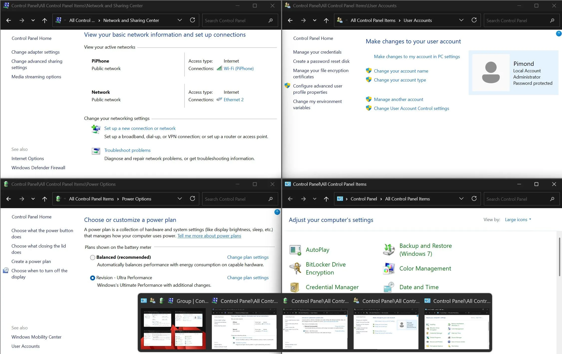 Nhiều cửa sổ Control Panel được mở đồng thời trên Windows 11, trái ngược với Settings.
