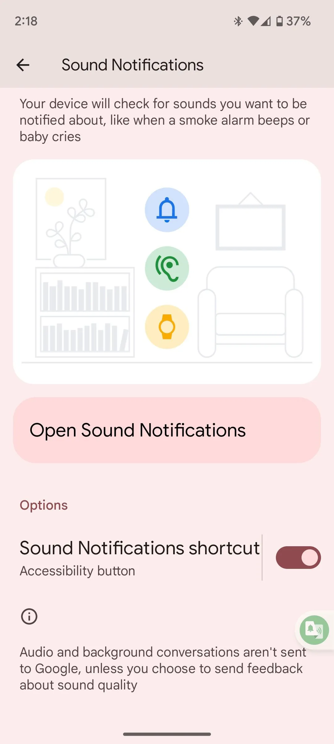 Nút bật tắt tính năng Thông báo âm thanh (Sound Notifications) trong cài đặt trợ năng của điện thoại Android