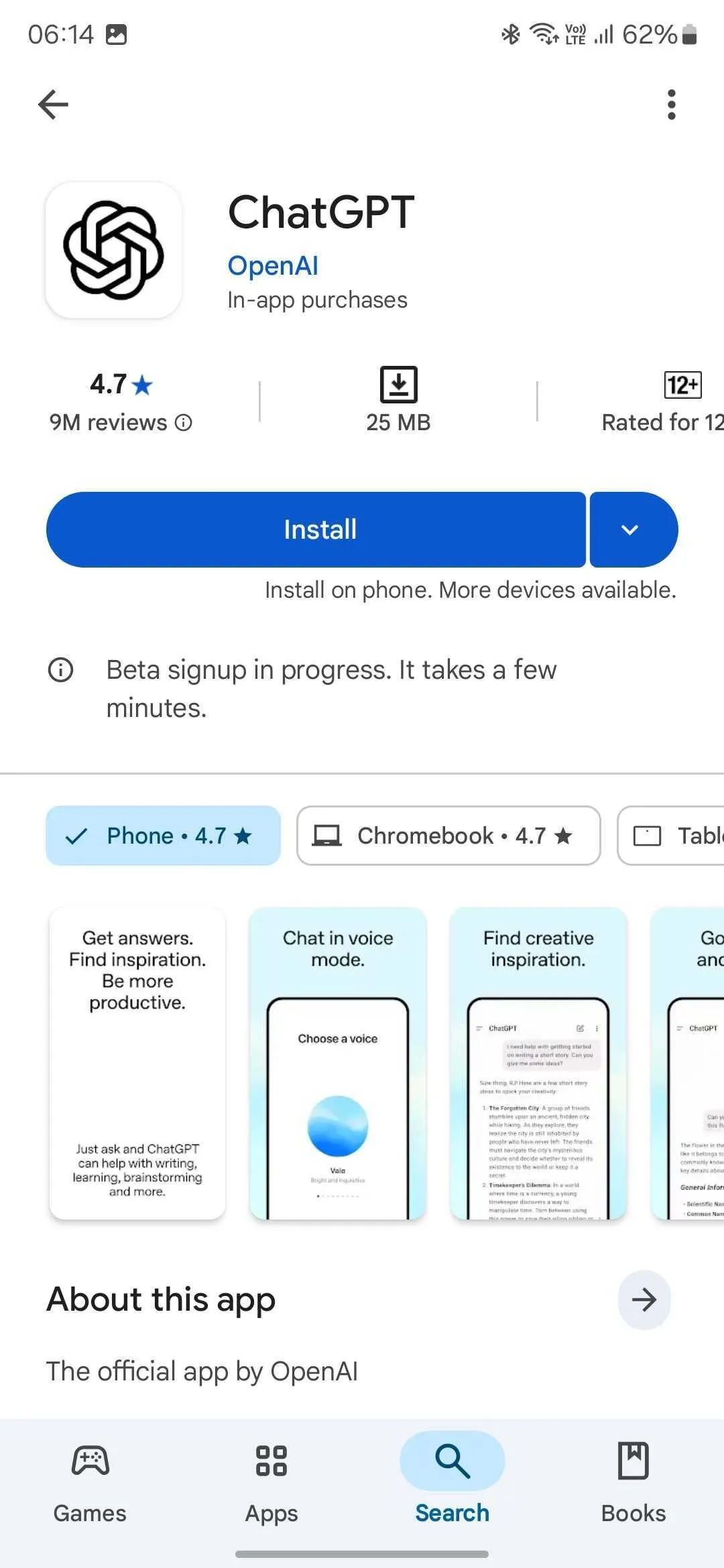 Nút cài đặt ứng dụng ChatGPT beta trên Google Play Store