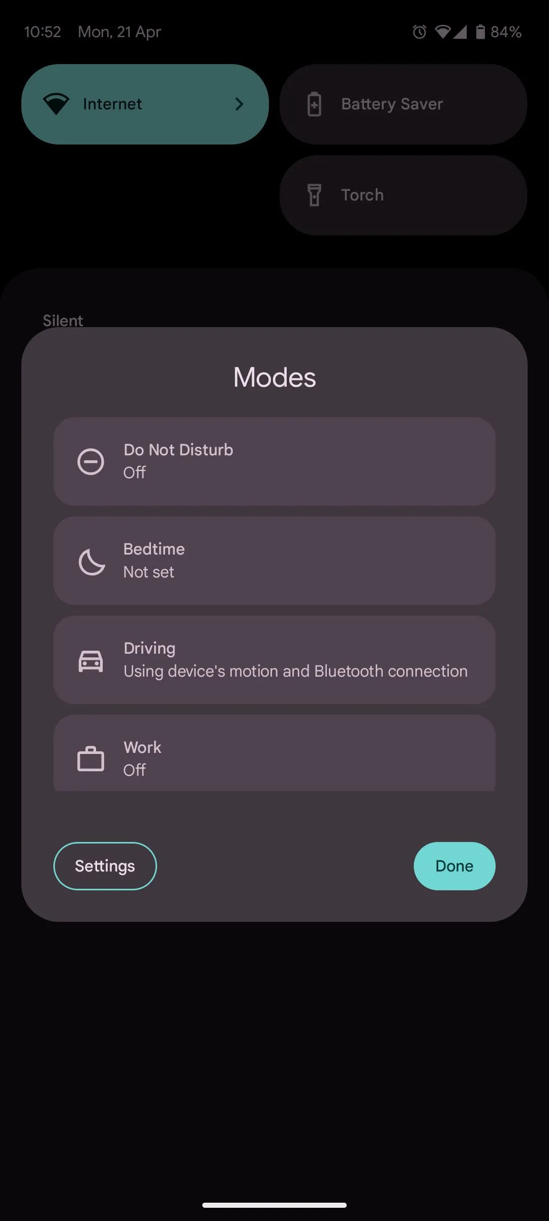 Nút Chế độ (Modes) truy cập nhanh trên thanh thông báo Google Pixel