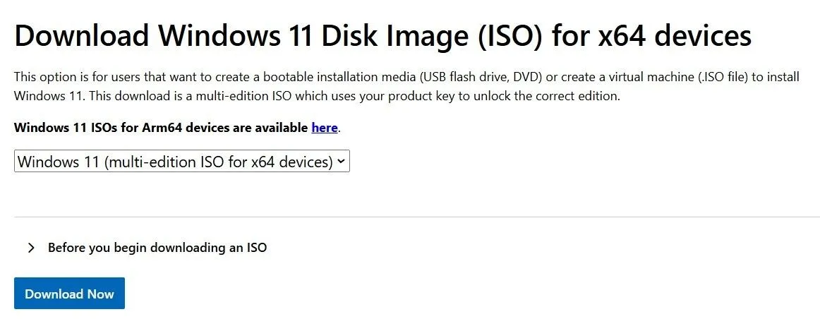 Nút tải xuống file ISO Windows 11 trên trang web của Microsoft