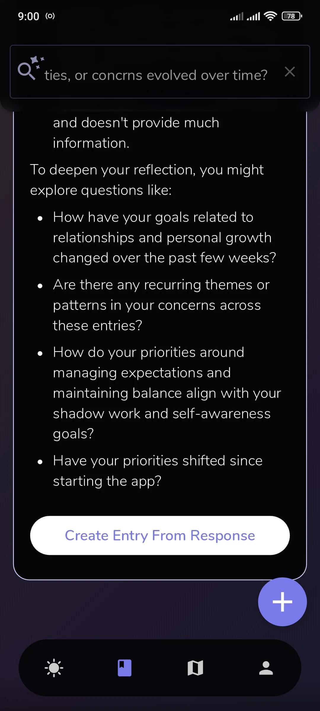 Nút tạo phản hồi từ Depth AI trong Reflection.app, biến các insights AI thành điểm bắt đầu cho mục nhập nhật ký mới.
