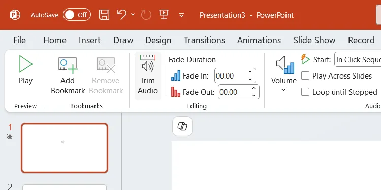 Nút Trim Audio (Cắt âm thanh) trong tab Playback của PowerPoint.