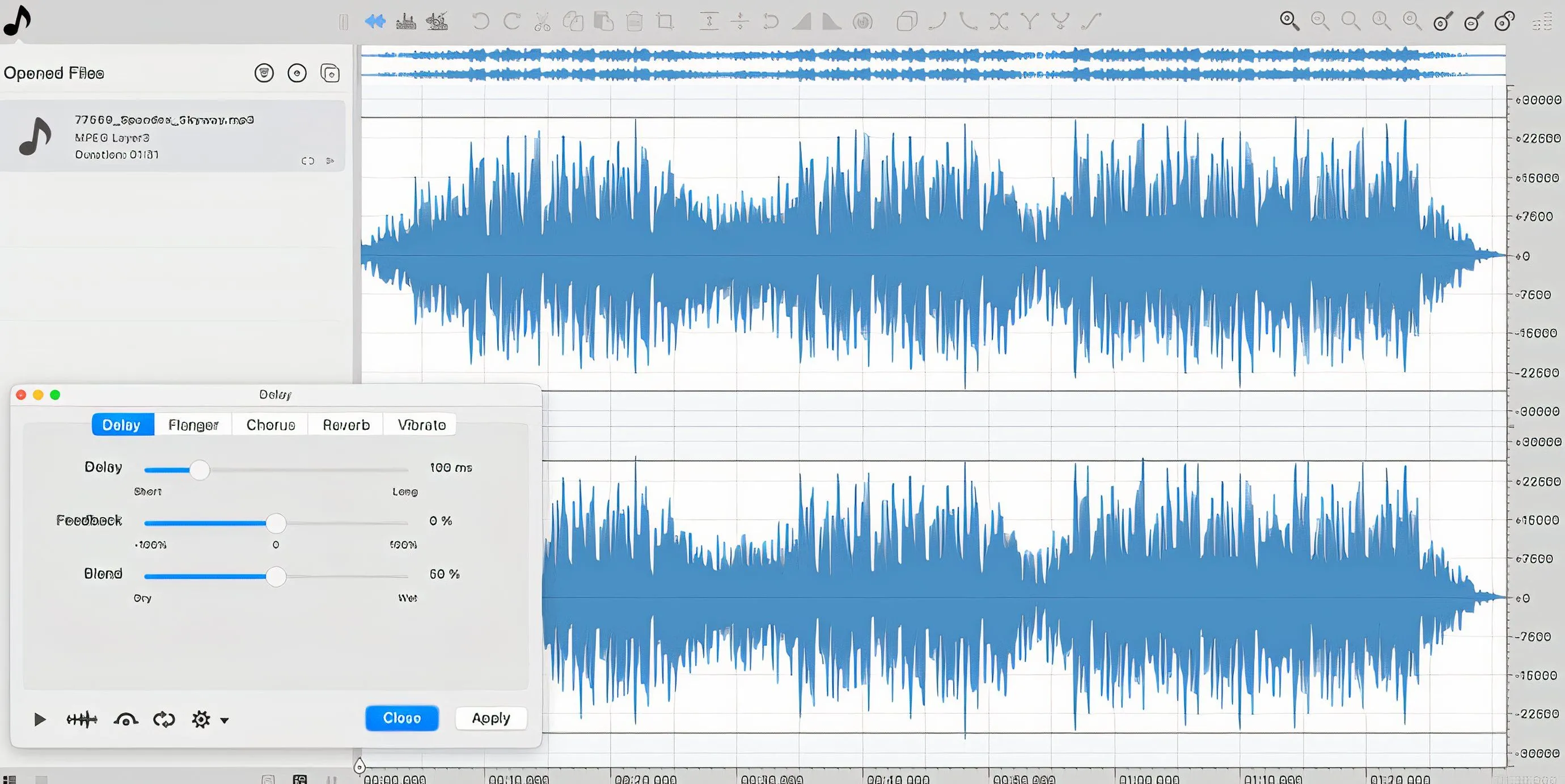 Phần mềm Ocenaudio với hiệu ứng Delay đang được áp dụng