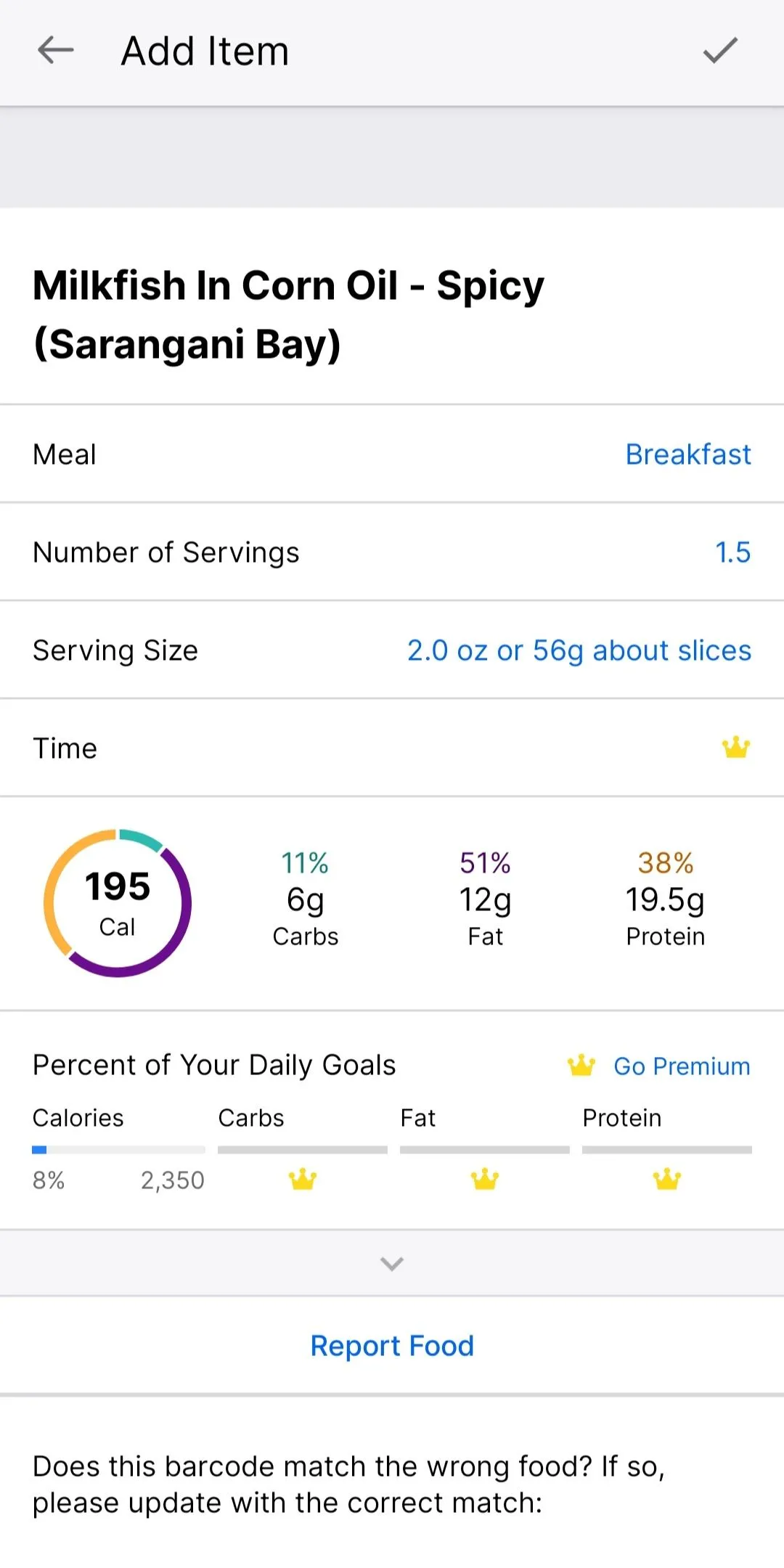 Phân tích chi tiết macro và khẩu phần ăn của món cá Milkfish trong ứng dụng MyFitnessPal, minh họa khả năng theo dõi dinh dưỡng đa dạng.