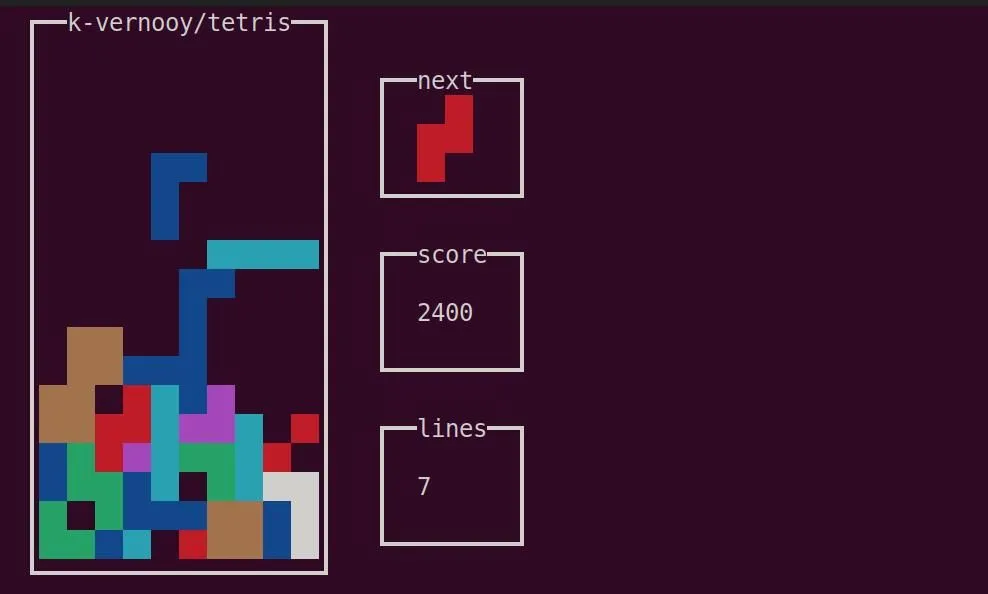 Phiên bản game Tetris cổ điển chạy trên terminal Linux, minh họa cho việc rèn luyện tính kiên trì qua các thử thách game.