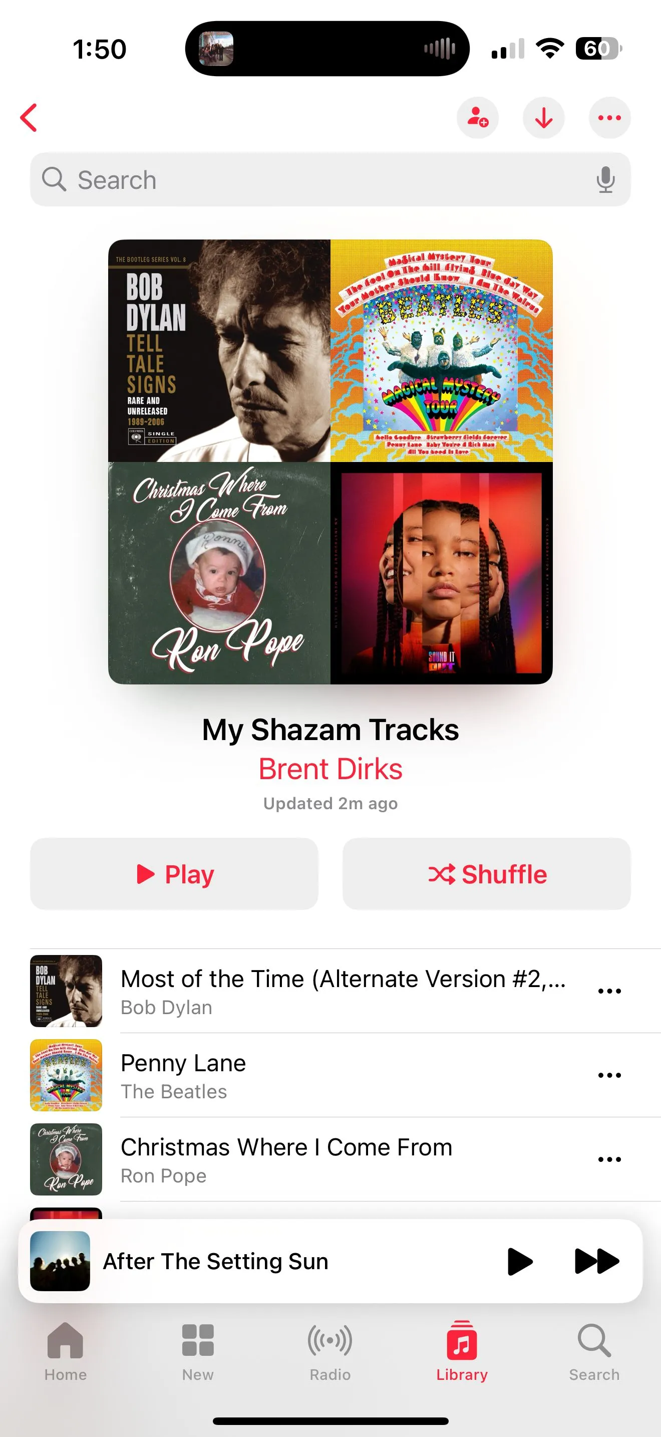Playlist My Shazam Tracks trong ứng dụng Apple Music hiển thị các bài hát đã đồng bộ