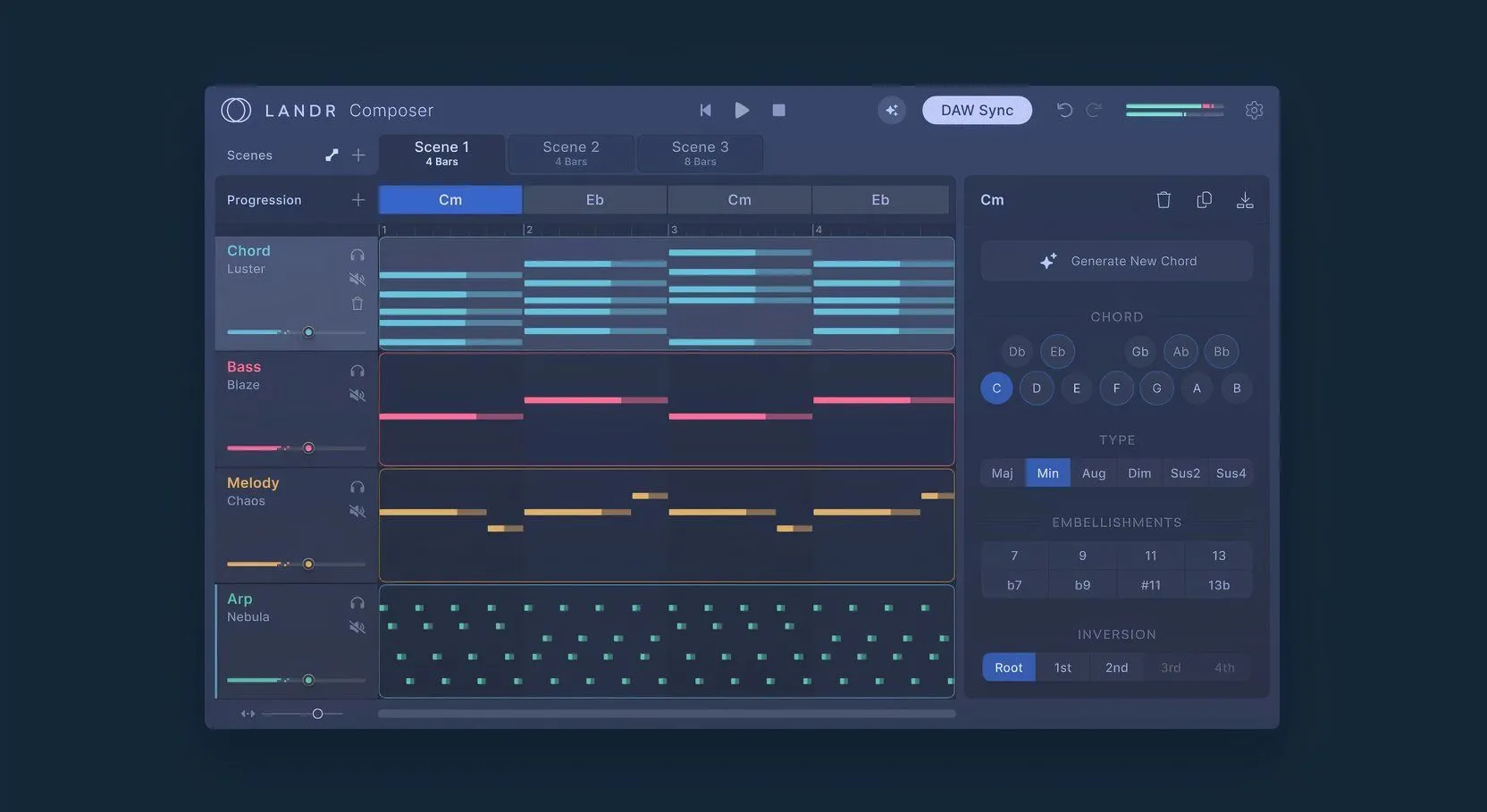 Plugin LANDR Composer với các yếu tố bài hát như bassline, arpeggio, minh họa công cụ AI hỗ trợ sáng tác chuyên nghiệp.