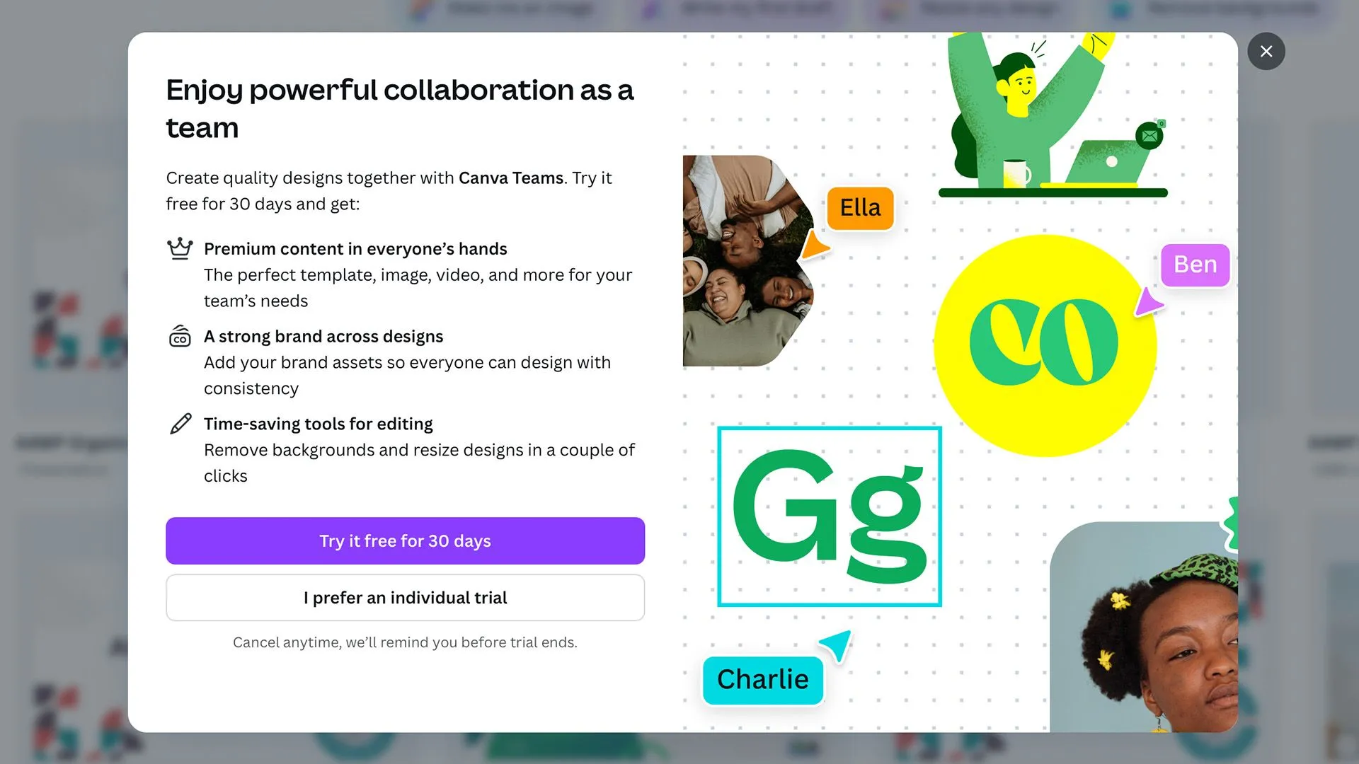 Pop-up quảng cáo Canva Pro khuyến khích dùng thử miễn phí để bán gói trả phí.