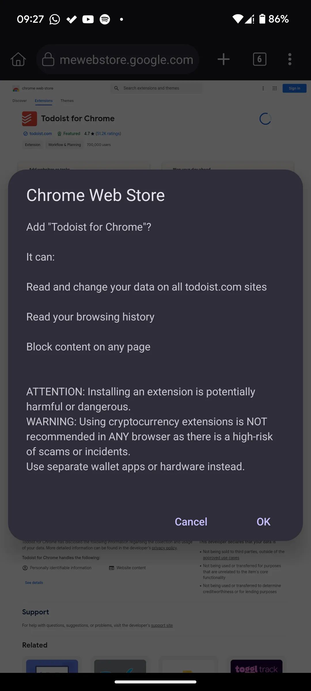 Quá trình cài đặt tiện ích Todoist trong trình duyệt Kiwi Browser, hiển thị nút 'Thêm vào Chrome'