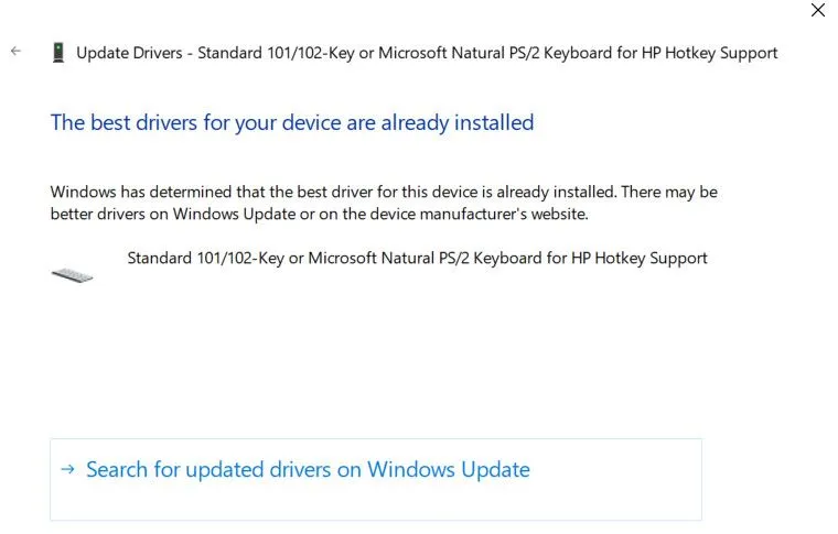 Quá trình tìm kiếm driver bàn phím mới thông qua tính năng Windows Update trên hệ điều hành.