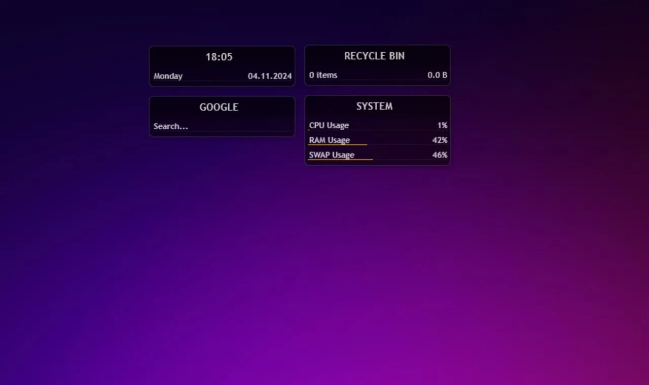 Rainmeter hiển thị skin illustro mặc định với đồng hồ, lịch, thông tin hệ thống và chào mừng