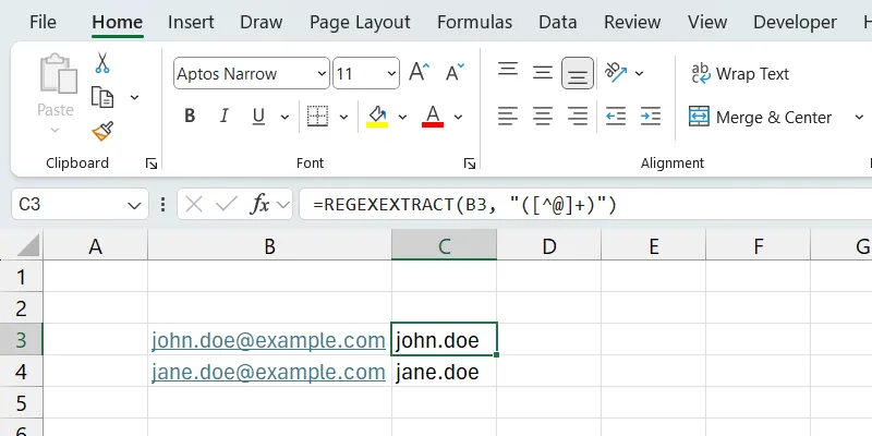REGEXEXTRACT trong Excel trích xuất tên người dùng từ email.