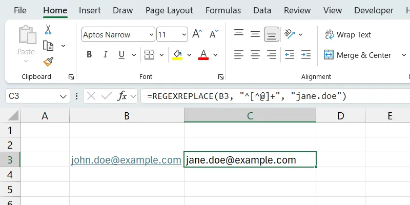 REGEXREPLACE trong Excel thay thế phần username của địa chỉ email.