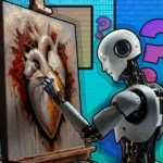 Robot đang vẽ bức tranh trái tim con người với dấu hỏi xung quanh, thể hiện sự ảnh hưởng của AI trong nghệ thuật và thiết kế.