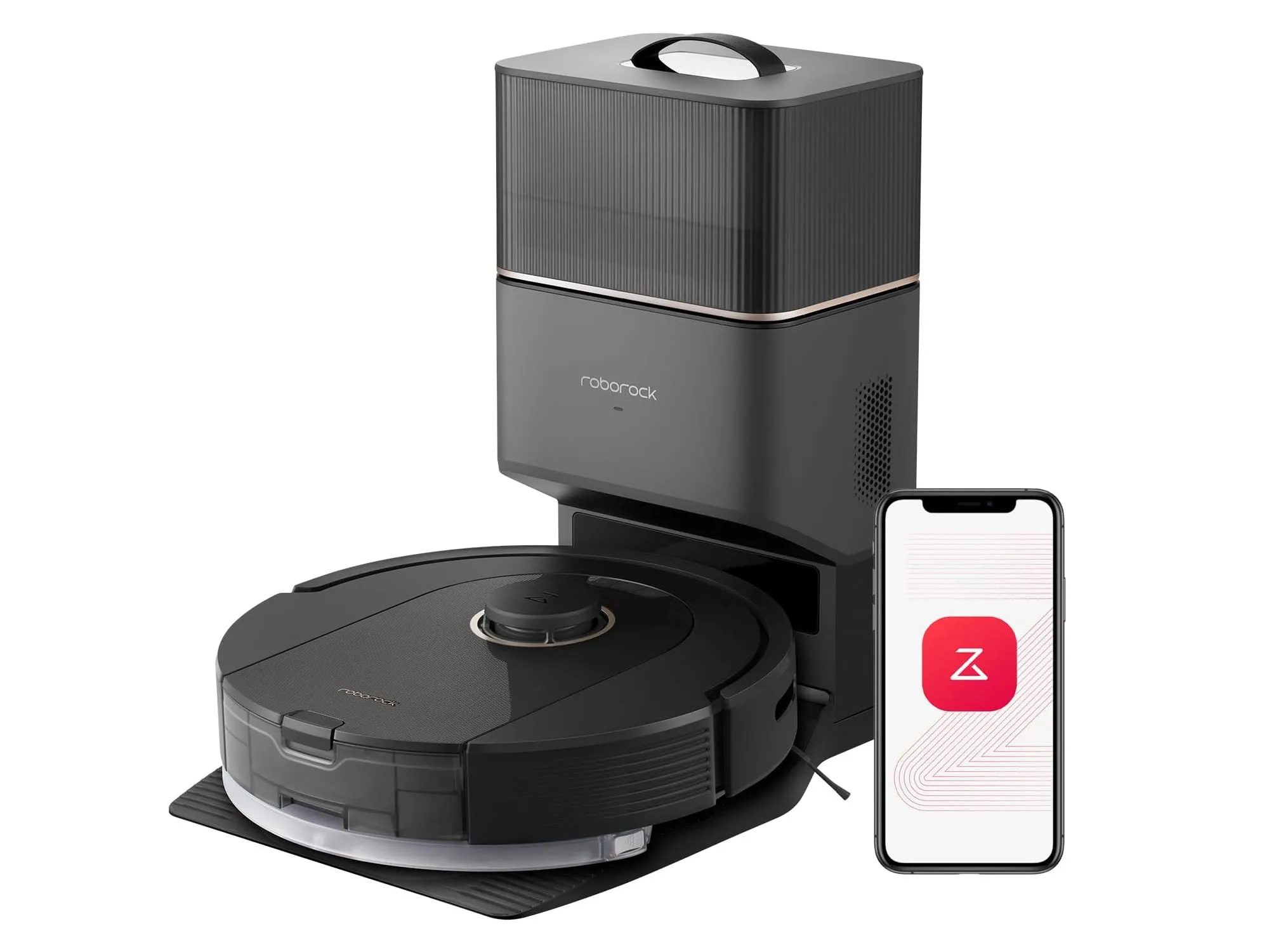 Robot hút bụi lau nhà Roborock Q5 Pro+ với trạm sạc và tự động đổ rác, mang lại không gian sống sạch sẽ tiện nghi.