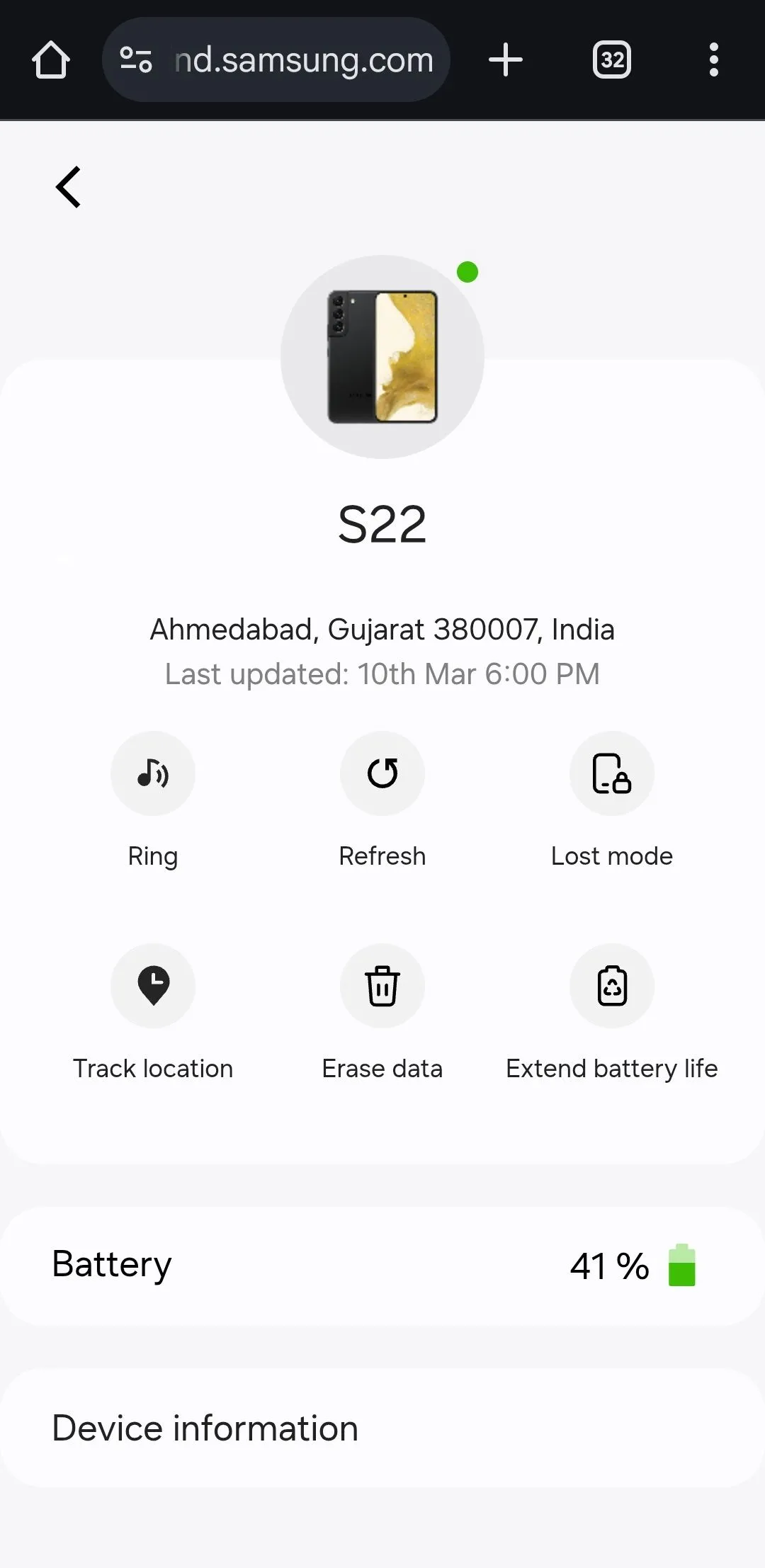 Samsung SmartThings Find hiển thị các tùy chọn tìm kiếm thiết bị trên trình duyệt Android