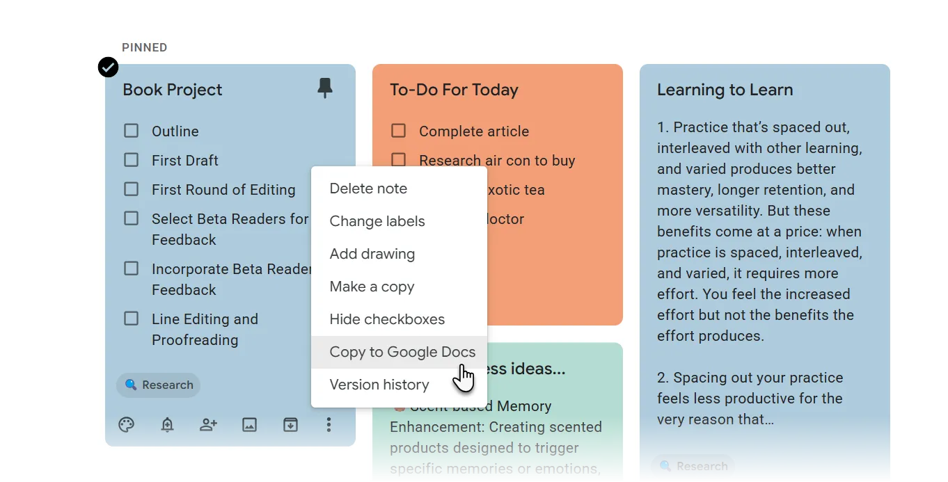 Sao chép và chuyển đổi ghi chú từ Google Keep sang Google Docs để phát triển nội dung chi tiết
