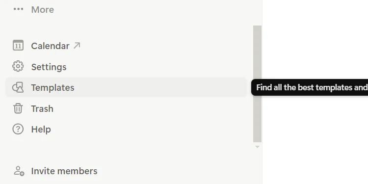 Sidebar bên trái của Notion với tùy chọn &quot;Templates&quot; được đánh dấu, chỉ vị trí để tìm thư viện mẫu Notion.