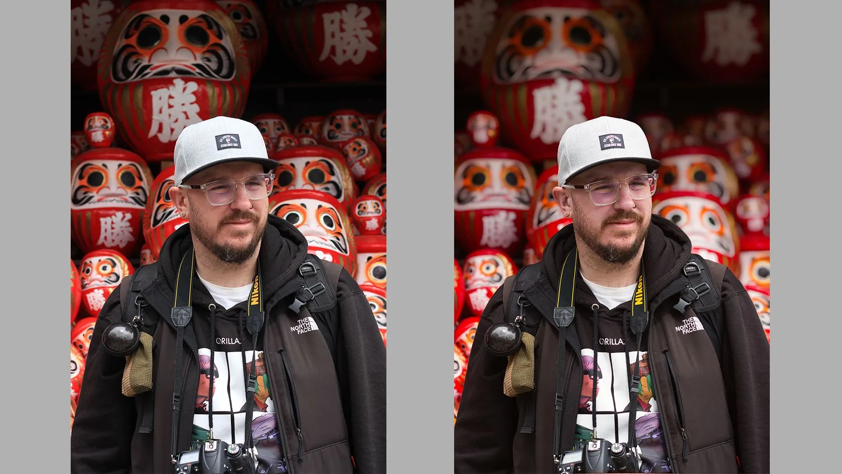 So sánh ảnh chân dung trước và sau khi chỉnh sửa bằng Aperty, làm nổi bật sự khác biệt về ánh sáng, màu sắc và hiệu ứng bokeh