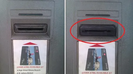 So sánh cây ATM an toàn không có thiết bị skimming và cây ATM có dấu hiệu bị gắn skimmer.