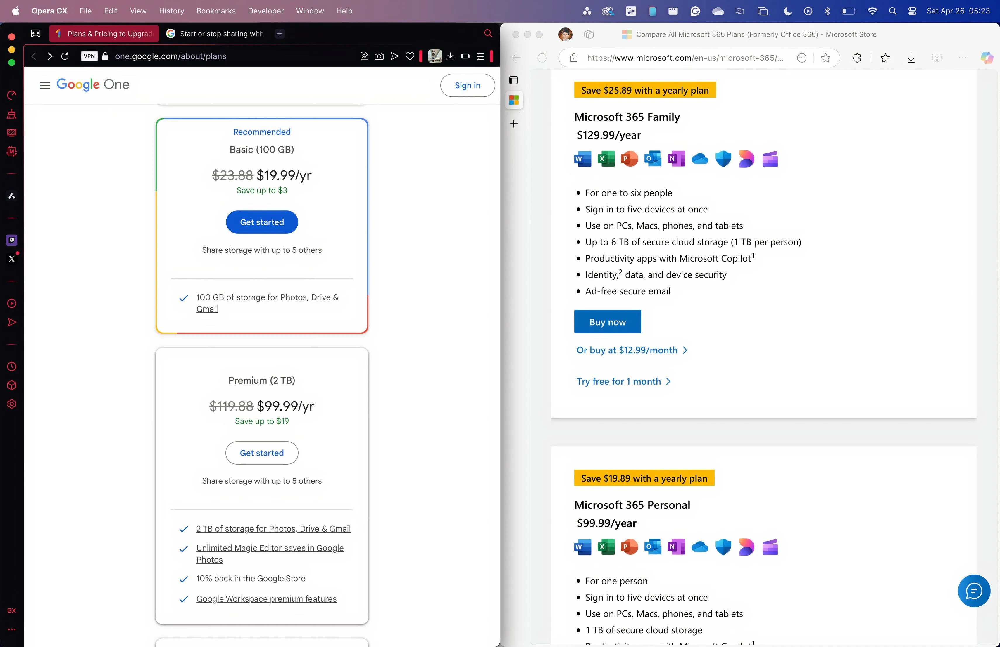 So sánh chi tiết các gói đăng ký Google One và Microsoft 365 về dung lượng lưu trữ và giá cả, nhấn mạnh lợi ích khi chia sẻ gói Microsoft 365 Family