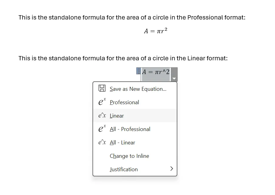 So sánh định dạng công thức Professional (chuyên nghiệp) và Linear (tuyến tính) trong Word Equation Editor, minh họa sự khác biệt về cách trình bày.