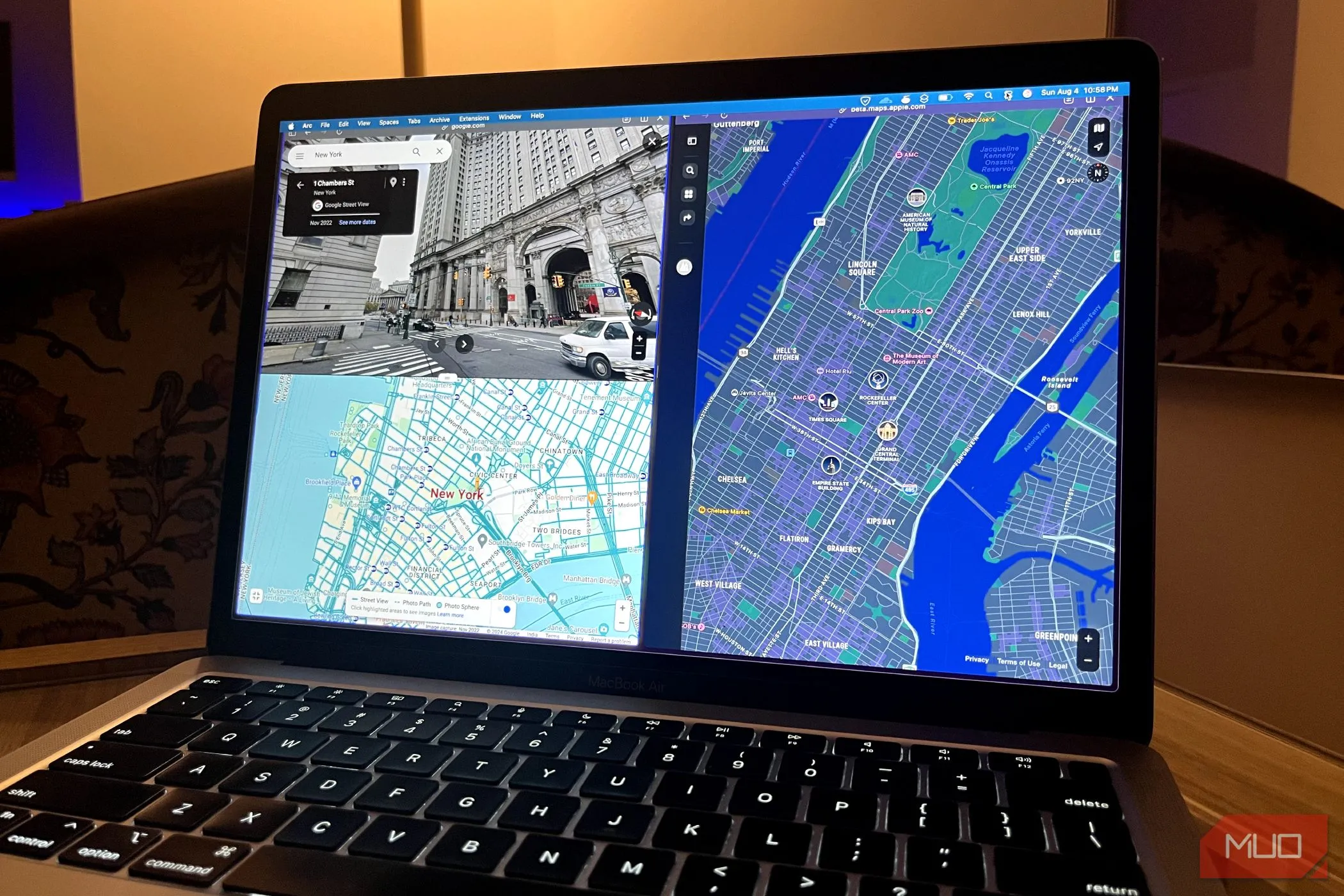 So sánh giao diện Google Maps và Apple Maps hiển thị trên trình duyệt MacBook Air