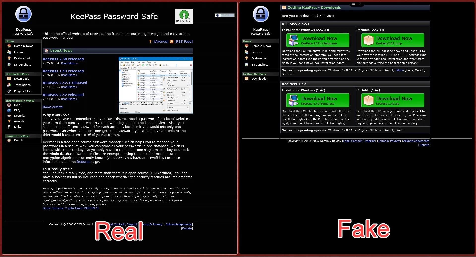 So sánh website KeePass chính thức (keepass.info) và các trang web KeePass giả mạo dùng để phát tán phiên bản trojan hóa, minh họa chiêu trò lừa đảo tải xuống phần mềm quản lý mật khẩu độc hại.