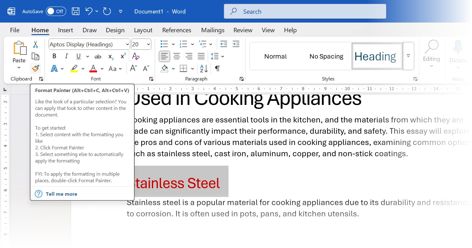 Sử dụng công cụ Format Painter trong Microsoft Word để sao chép định dạng