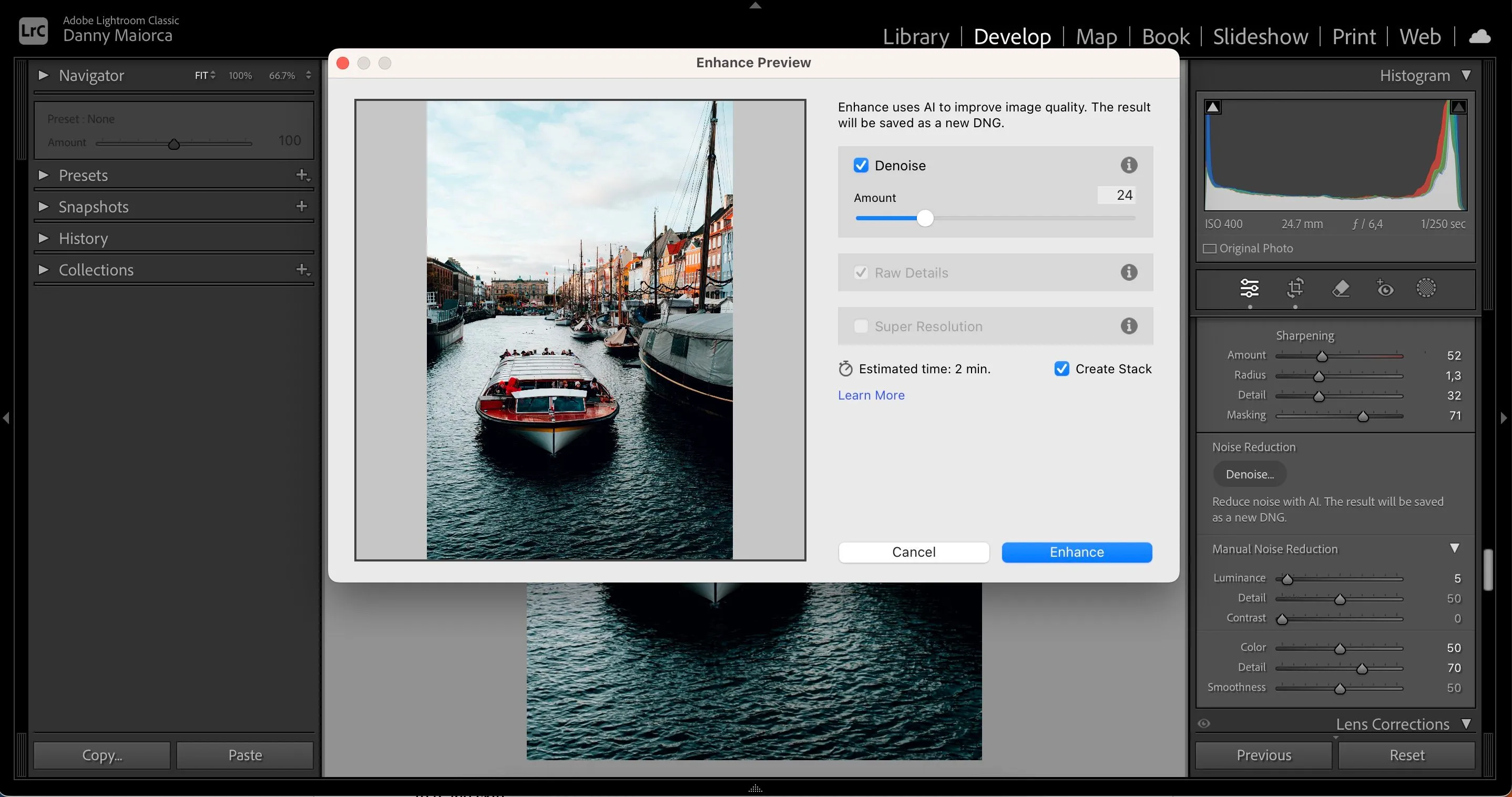 Sử dụng công cụ khử nhiễu Denoise AI trong Adobe Lightroom để cải thiện chất lượng ảnh.