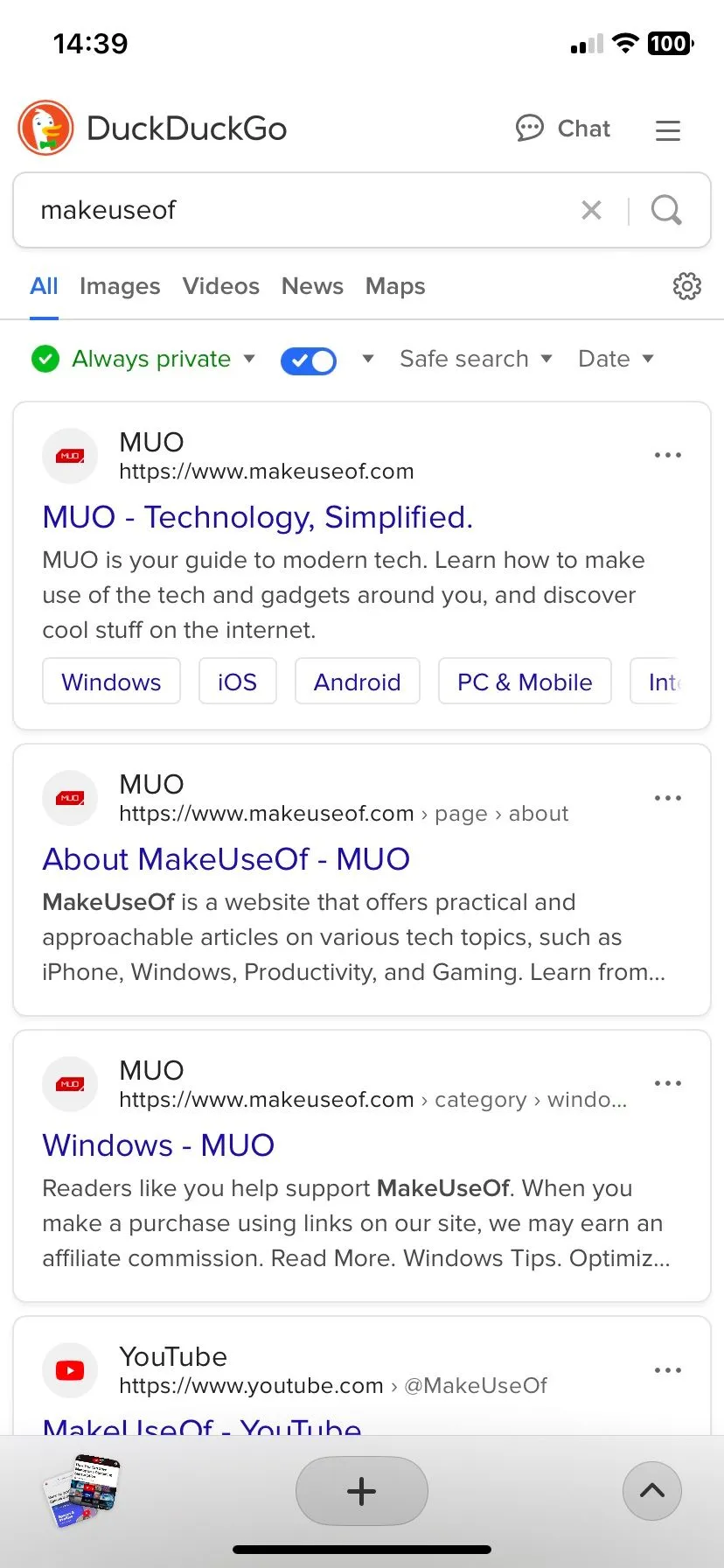 Sử dụng công cụ tìm kiếm DuckDuckGo trong Arc Search trên iPhone, nhấn mạnh khả năng tùy chỉnh quyền riêng tư và lựa chọn công cụ tìm kiếm.