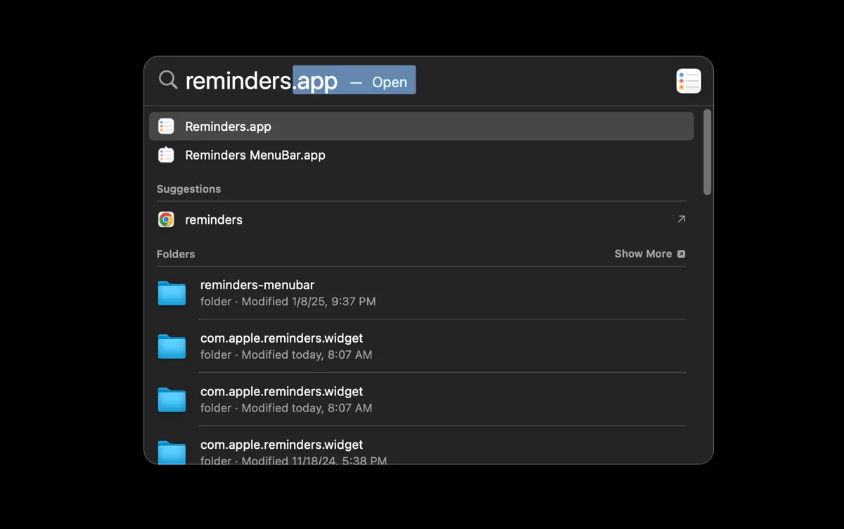 Sử dụng tìm kiếm Spotlight để mở nhanh ứng dụng Reminders trên macOS