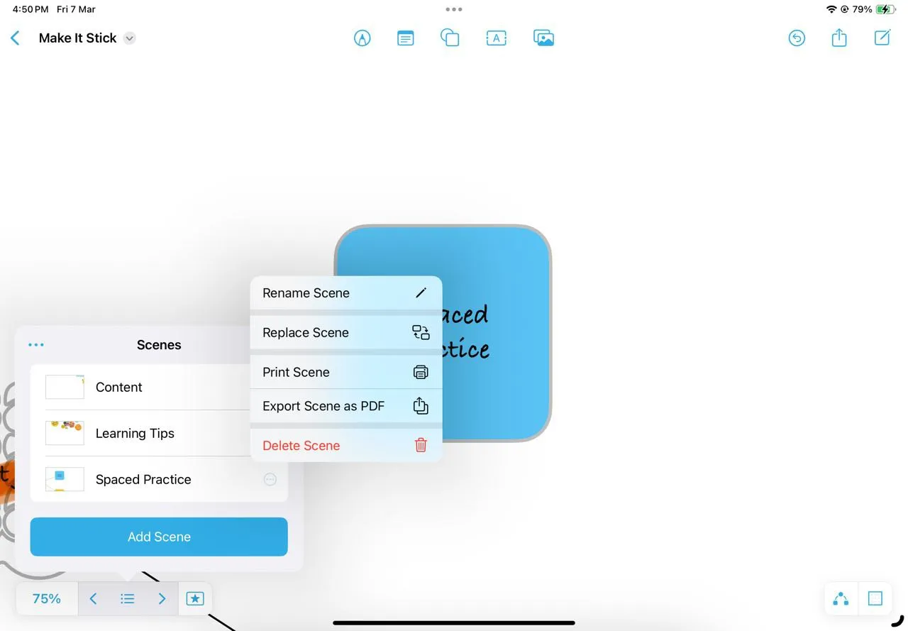 Sử dụng tính năng Scenes Navigator trong Freeform để nhanh chóng điều hướng và chuyển đổi giữa các phần ghi chú sách quan trọng.