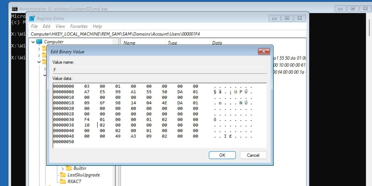 Sửa đổi giá trị nhị phân F trong Registry Editor để kích hoạt tài khoản quản trị viên ẩn khi gặp lỗi User Profile Service.