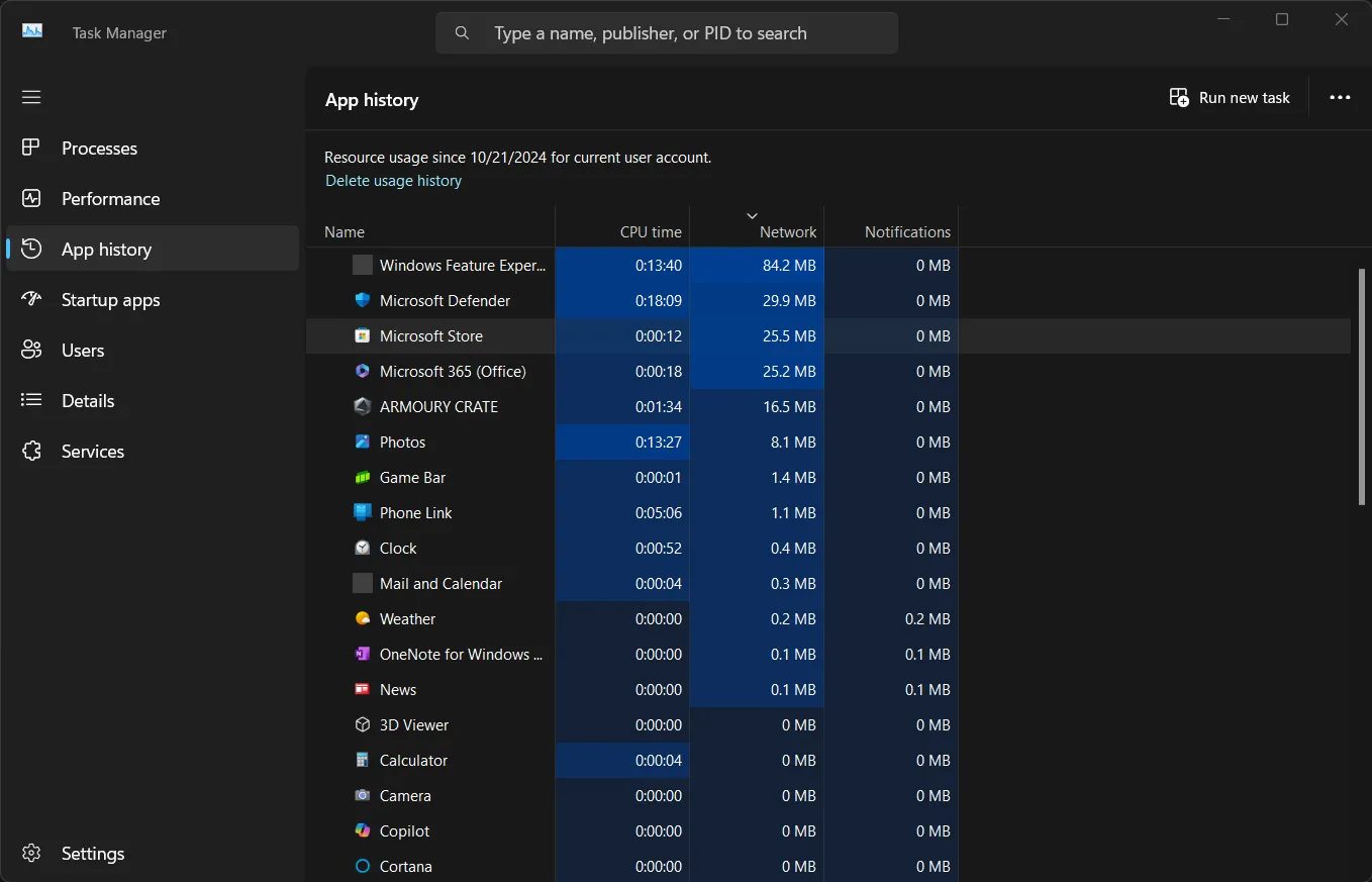 Tab App history trong Task Manager hiển thị lịch sử sử dụng tài nguyên mạng của các ứng dụng