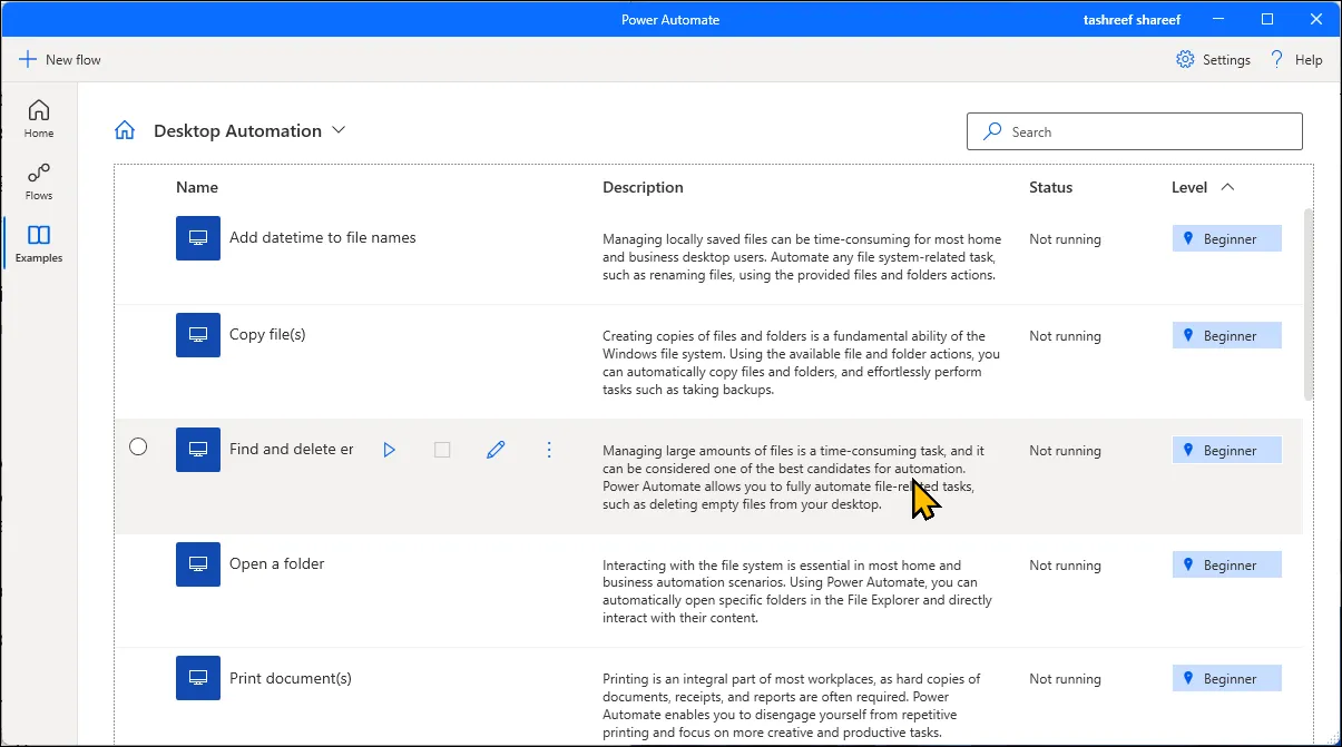 Tab Examples hiển thị các luồng tự động hóa mẫu trong Microsoft Power Automate trên Windows 11.