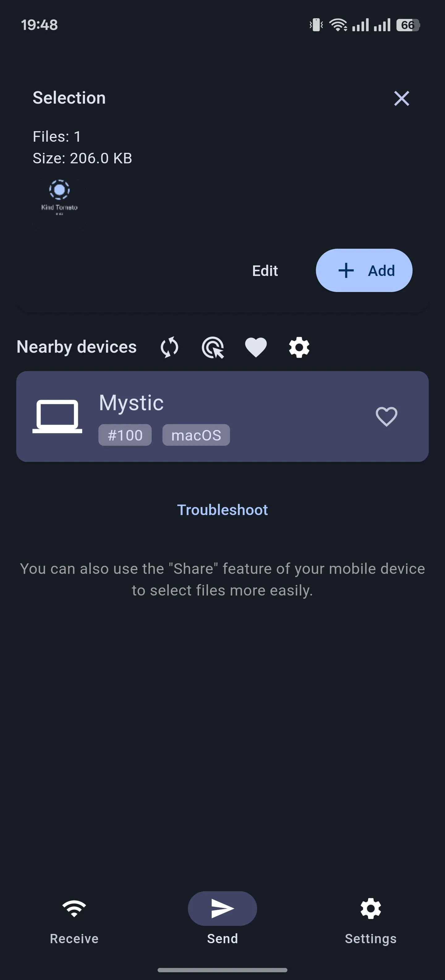 Tab gửi file trong ứng dụng LocalSend cho Android, hiển thị các thiết bị khả dụng.