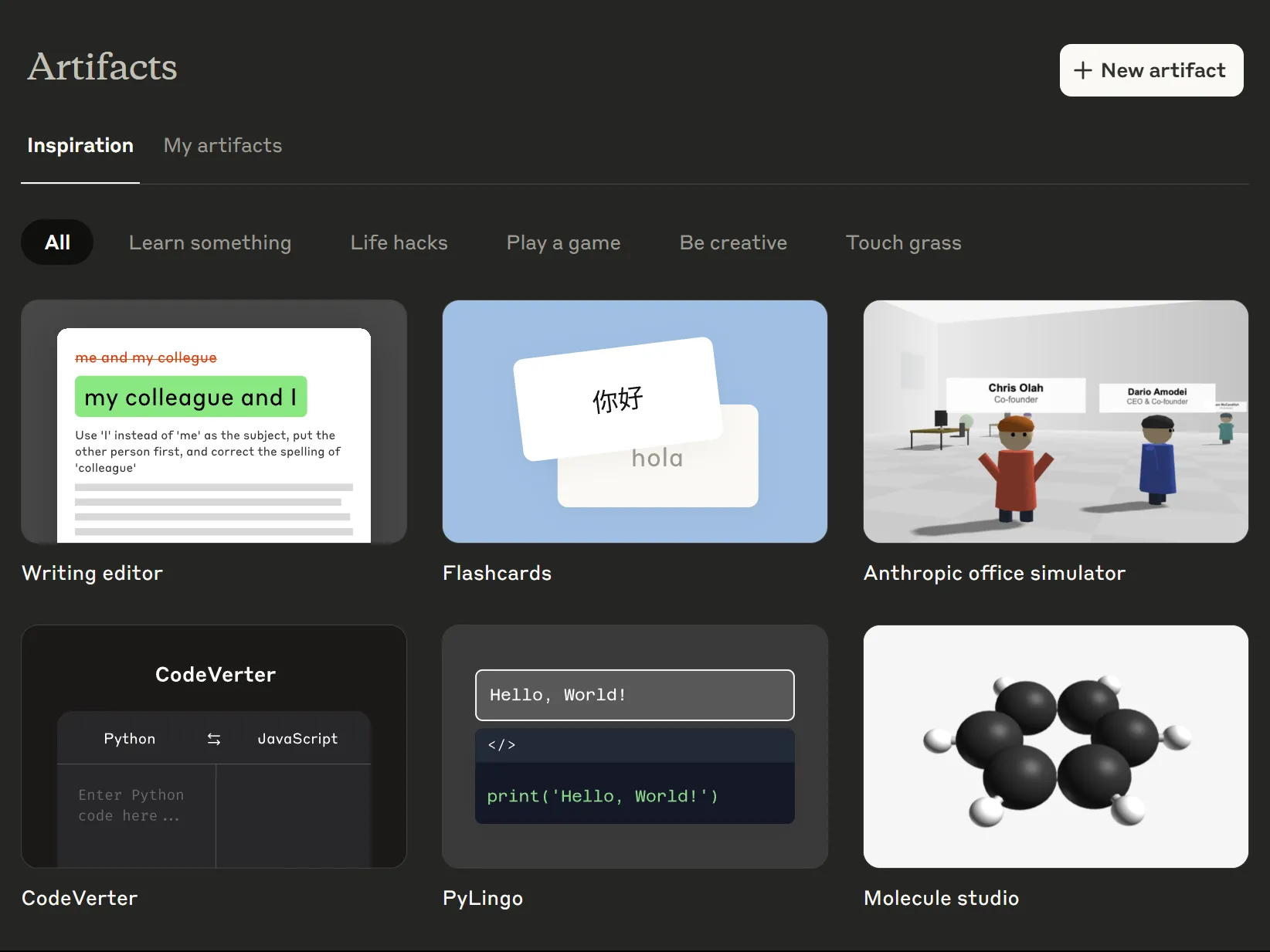 Tab &quot;Inspiration&quot; trong ứng dụng web Claude Artifacts, giới thiệu các công cụ tích hợp sẵn để hỗ trợ công việc.
