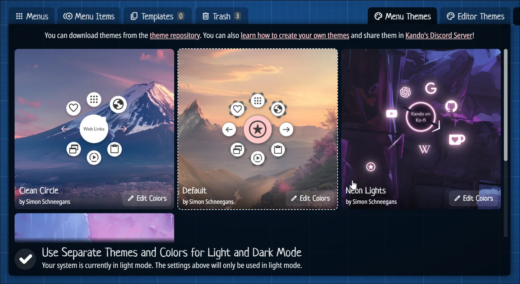 Tab Menu Themes trong trình chỉnh sửa Kando Pie Menu, hiển thị các tùy chọn chủ đề và màu sắc để cá nhân hóa giao diện
