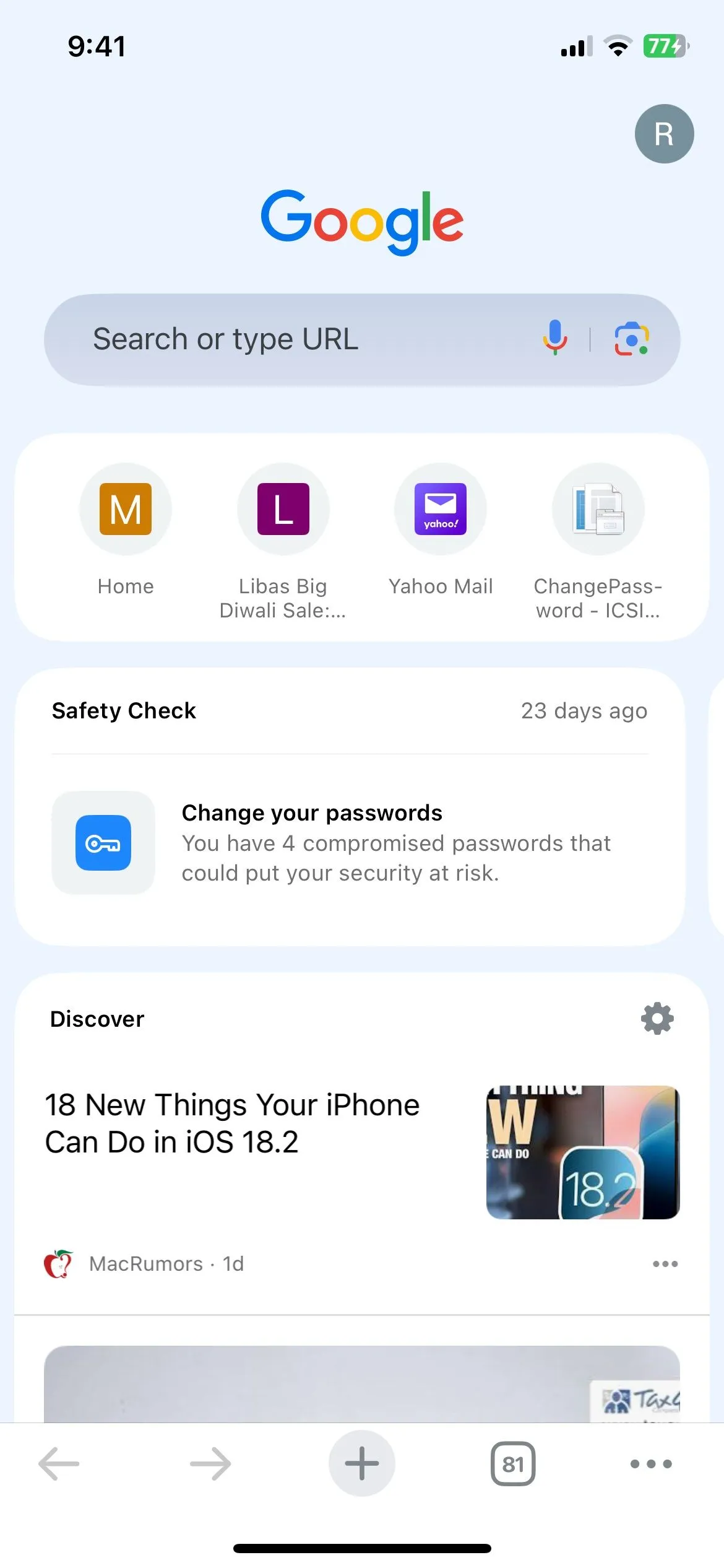 Tab mới của Chrome trên iPhone hiển thị giao diện sạch sẽ