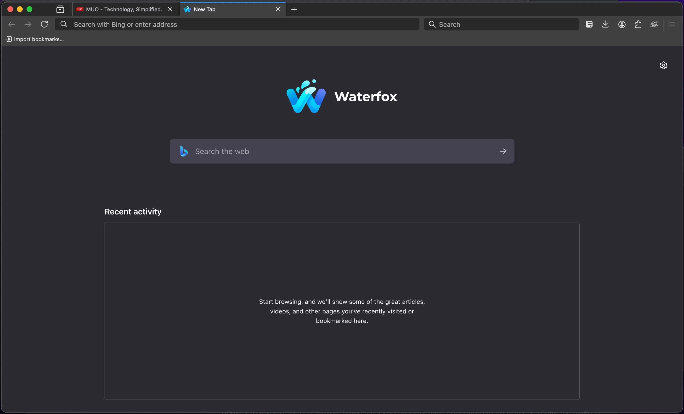 Tab mới của trình duyệt Waterfox trên macOS, tập trung vào trải nghiệm duyệt web riêng tư.