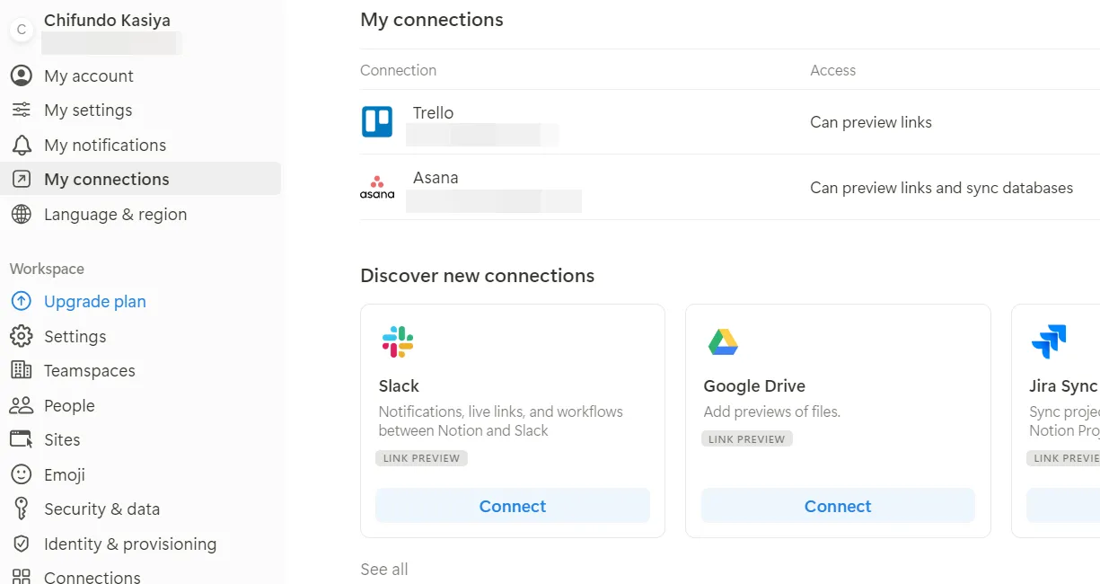 Tab &quot;My connections&quot; trong cài đặt Notion, hiển thị danh sách các tích hợp có sẵn như Slack.