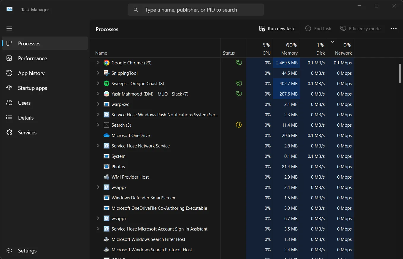 Tab Processes của Task Manager hiển thị các ứng dụng và mức độ sử dụng tài nguyên CPU