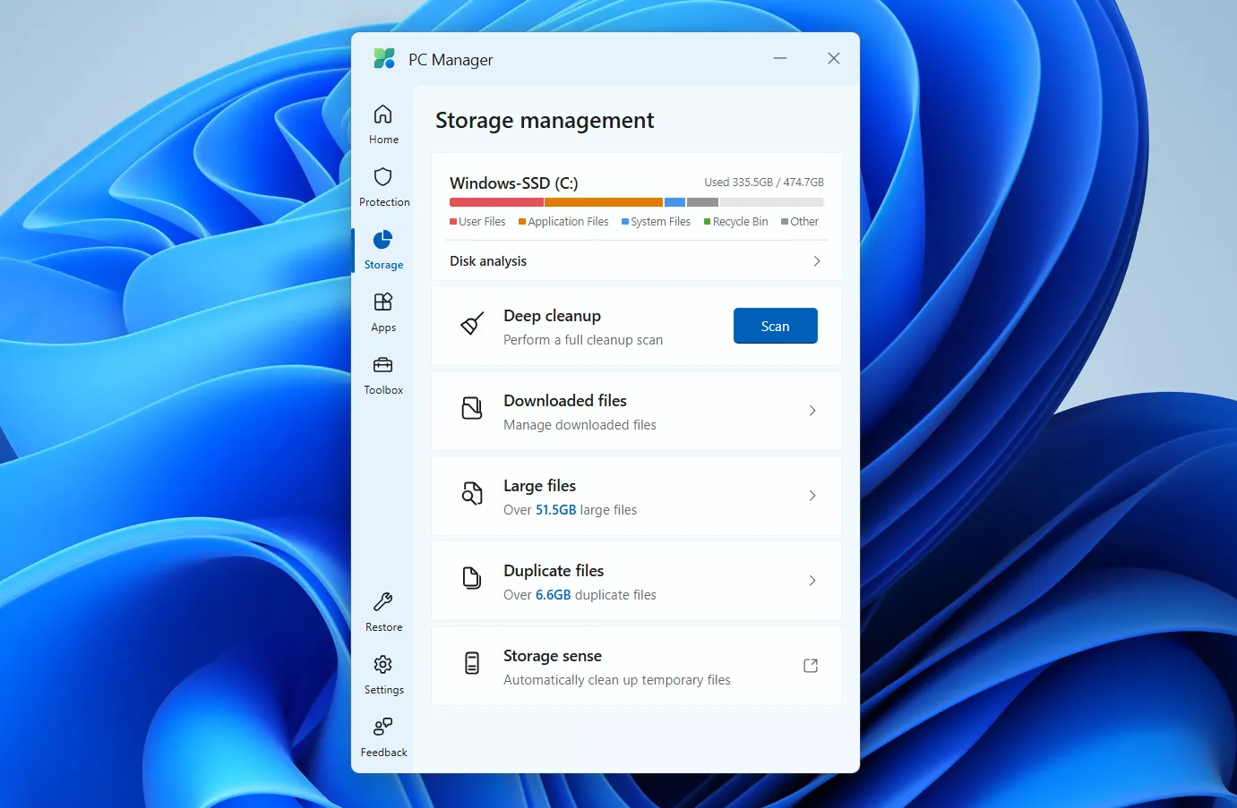 Tab Quản lý Bộ nhớ trong Microsoft PC Manager, giúp dọn dẹp file trùng lặp và file lớn