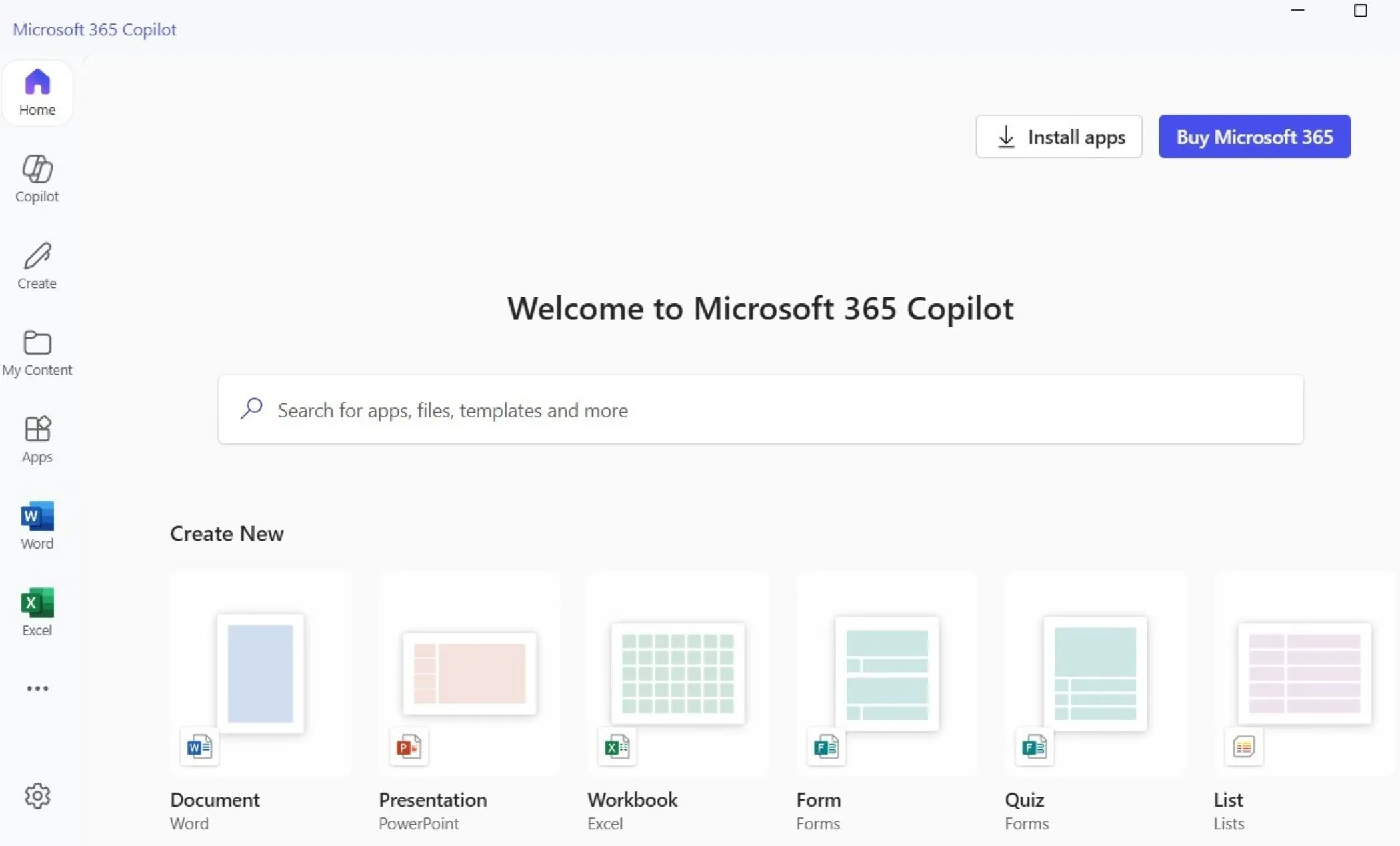 Tab trang chủ ứng dụng Microsoft 365 Copilot, hiển thị các tài liệu Office và tích hợp AI Copilot.