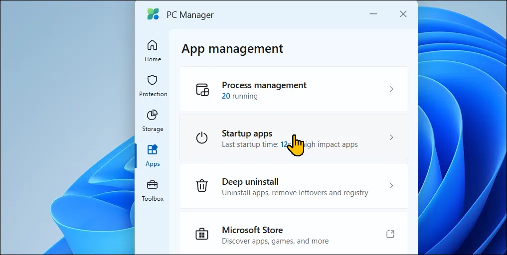 Tab Ứng dụng trong Microsoft PC Manager trên Windows 11 hiển thị các tiến trình đang chạy và tùy chọn quản lý ứng dụng khởi động