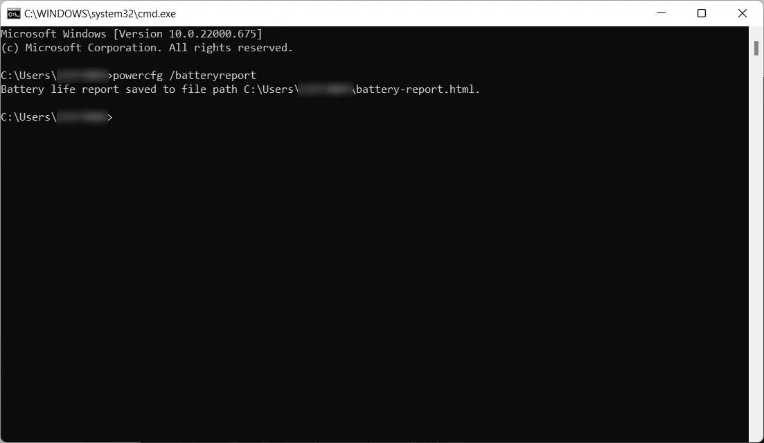 Tạo báo cáo sức khỏe pin laptop bằng lệnh powercfg /batteryreport trong Command Prompt.