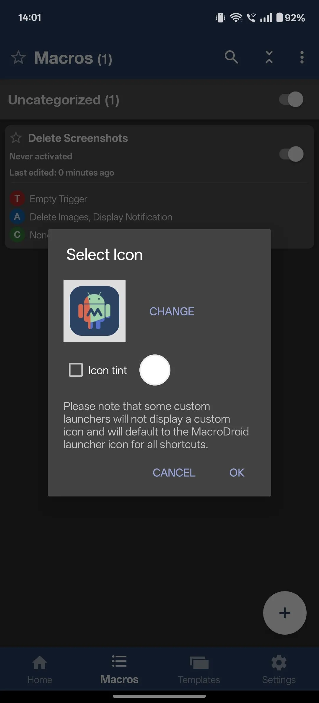 Tạo lối tắt macro xóa ảnh chụp màn hình của MacroDroid trên màn hình chính Android.