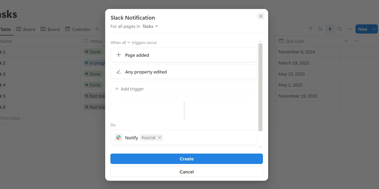 Tạo tự động hóa thông báo Slack trong Notion, tính năng tích hợp có sẵn cho gói miễn phí.